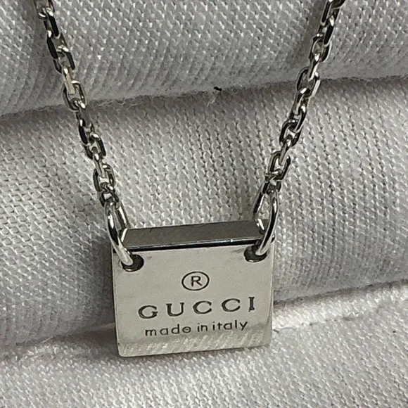 Authentic Gucci Square Plate Tag Pendant 925 Silver Necklace Signature Clasp - Picture 7 of 14
